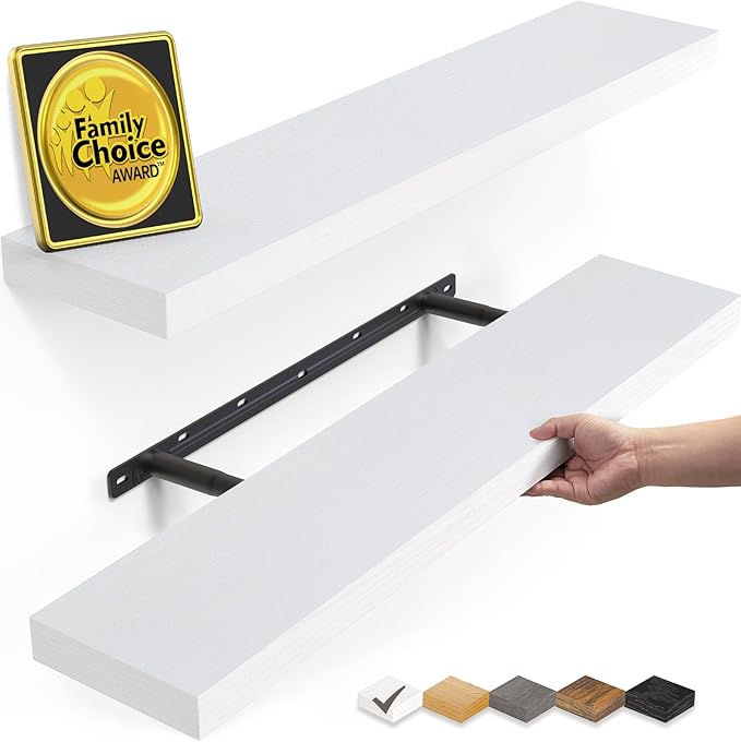 BAYKA White Floating Shelves 22.5in, Set of 2, Wall Mount Rustic Wood Shelf | Easy Install, 22lbs Max Load, Hidden Bracket, for Bathroom Bedroom Kitchen Office Storage Decor, Multi-Wall Compatible