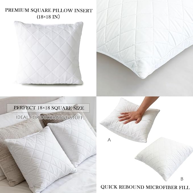 Qeils Quilted 18 x 18 Pillow Inserts Set of 2 White Throw Pillow Inserts with Soft Polyester Cover - Rectangle Square Sofa Quilting Pillow Inserts Decorative Pillow Insert White Couch Pillow