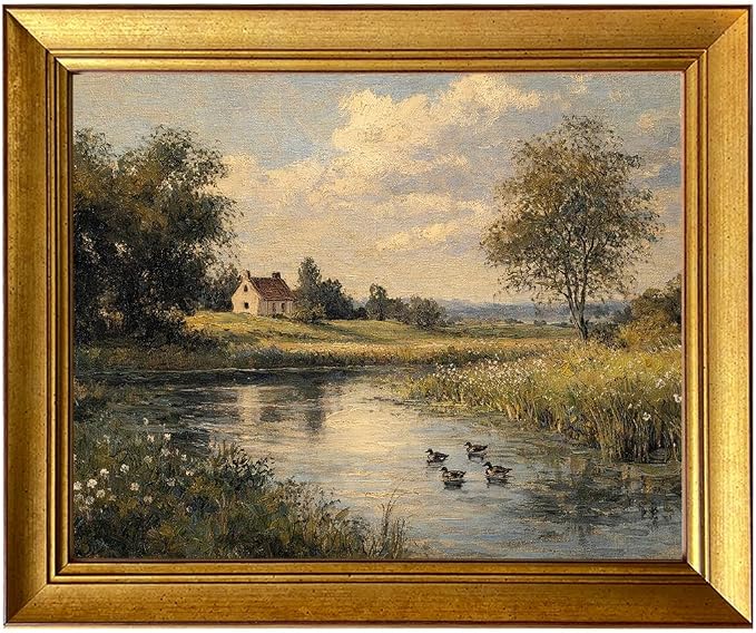 Framed Vintage River Landscape Oil Painting With Ducks Cottage Core Wall Art Country Landscape Canvas Print Artworks for Living Room Bedroom Bathroom Decor