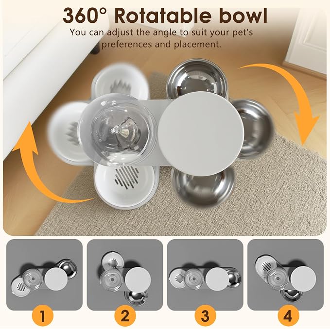 2 in 1 Automatic Gravity Cat Dog Feeder and Water Dispenser with 304 Stainless Steel Bowls, 360 Degree Rotatable Auto Food with 2 Specialized Brushes for Small Medium Pet Dog Puppy Kitten (Gray)