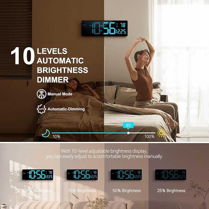 Digital Wall Clock Large Display 16", Digital Clock with 11 RGB Colors Changing Remote Control, LED Clocks with Night Lights for Living Room Bedroom Office Classroom Decor, Auto DST (Multicolor)