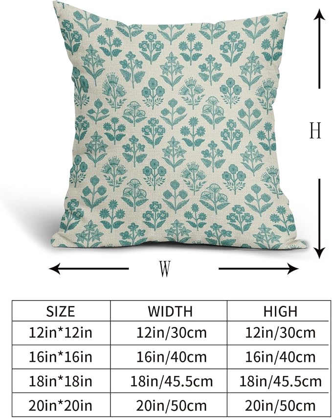 Teal Floral Pillow Covers 20x20 Inch Set of 2, Vintage Flower Block Print Pattern Decorative Throw Pillowcases Outdoor Farmhouse Cushion Covers Spring Summer Rustic Sofa Couch Bed Decor