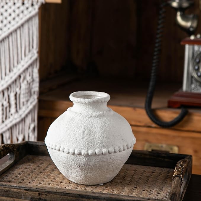 Mowtanco Rustic Ceramic Vase with Boho Wooden Beads, Matte Decorative Pottery for Modern Farmhouse and Bohemian Decor, Floral Arrangements, Bedroom, Shelf, or Side Table Accents