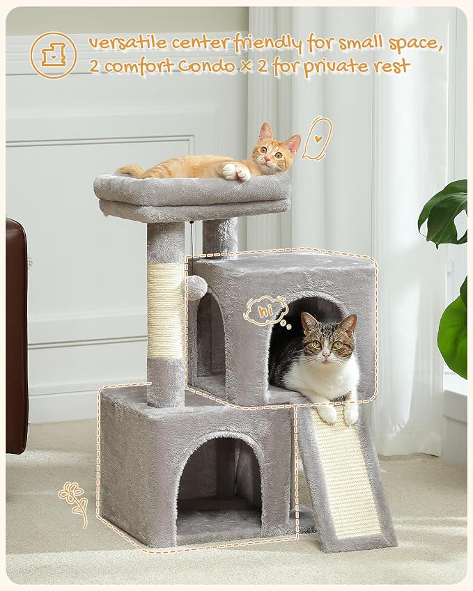 PAWZ Road 30" Cat Tower, Small Cat Tree with 2 Condos for Indoor Cats | cat trees for small cats,cat houses with scratching ramp and posts,dual condos&top perch for multi-cat