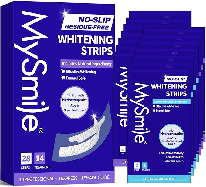 MySmile Teeth Whitening Strips, Hydroxyapatite-Infuse White Strips, Non-Sensitive Teeth Whitening with Soothing Natural Ingredients, Enamel-Safe, Residue-Free, Non-Slip, 14 Treatments Kit