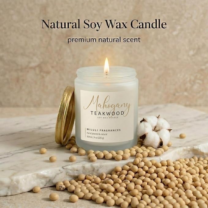 Mahogany Teakwood Scented Candles for Home - 15% Essential Oil Luxury Aromatherapy - Handmade Natural Soy Wax Candle for Women Men Relaxation - 9oz Frosted White Jar,50H Clean & Non-Toxic Burn