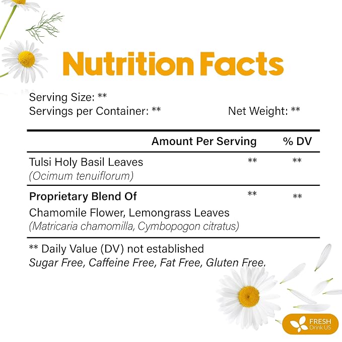 FreshDrinkUS, Premium 75 Tea Bags Tulsi Chamomile Lemongrass Herbal Tea | Blend with Holy Basil, Chamomile Flowers & Lemongrass Leaves – Naturally Caffeine-Free, Soothing Herbal Infusion. Vegan
