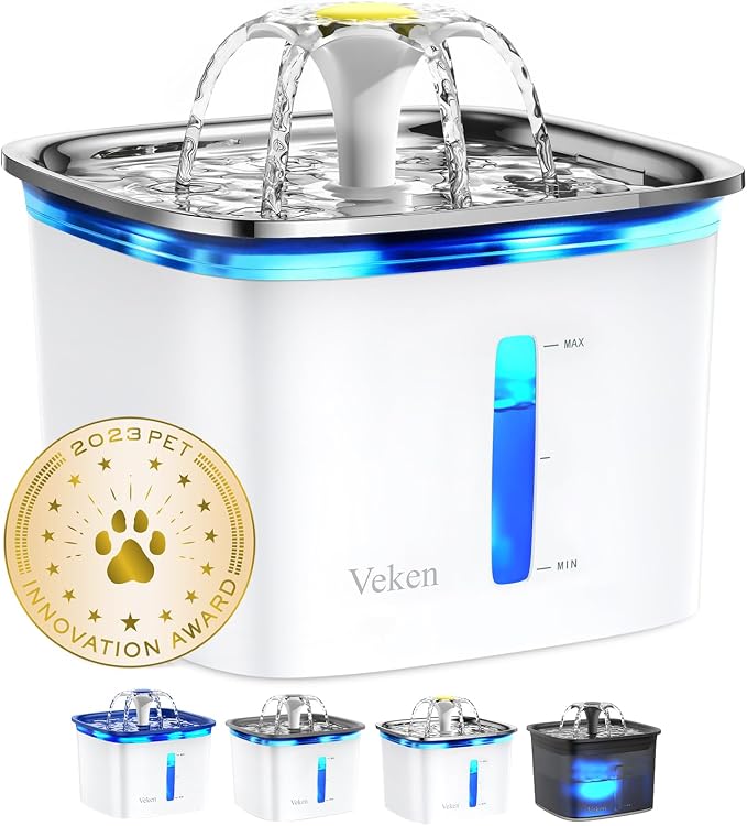 Veken Innovation Award Winner 95oz/2.8L Cat Water Fountain | Automatic Pet Fountain Dog Water Dispenser with Stainless Steel Lid, Replacement Filters & Silicone Mat Included (Silver)