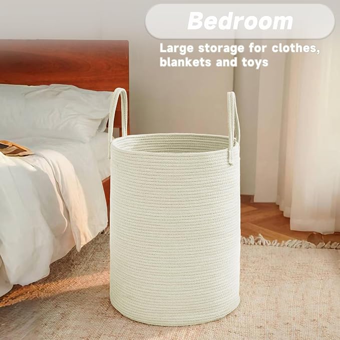 JMvicyroam 80L Cotton Rope Laundry Basket Hamper, White | Collapsible laundry basket, reinforced handles, freestanding, machine washable, holds 3-5 thick blankets, clothes or toys