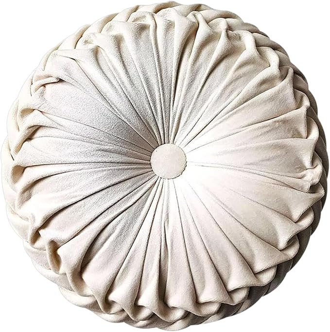 Teieas Round Throw Pillow Velvet Pleated Round Pillow Cushion | Boho pumpkin bed pillows,for bedroom,couch,chair,bed, car,home decoration beige 14.96''