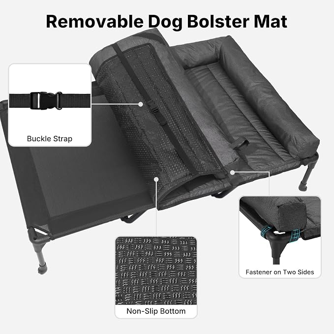 Veehoo Outdoor Elevated Dog Bed with Waterproof Bolster Cushion, Cooling | Raised Dog Bed with Removable & Washable Mat Topper, Breathable Mesh, Dog Couch Cot for Indoor Outdoor, 59", Large, Black