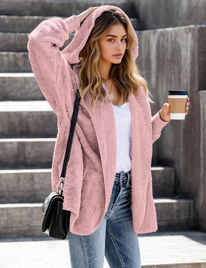 Zilcremo Women Hooded Cardigan Fuzzy Jacket Winter Open Front Fleece Coat Outwear with Pockets