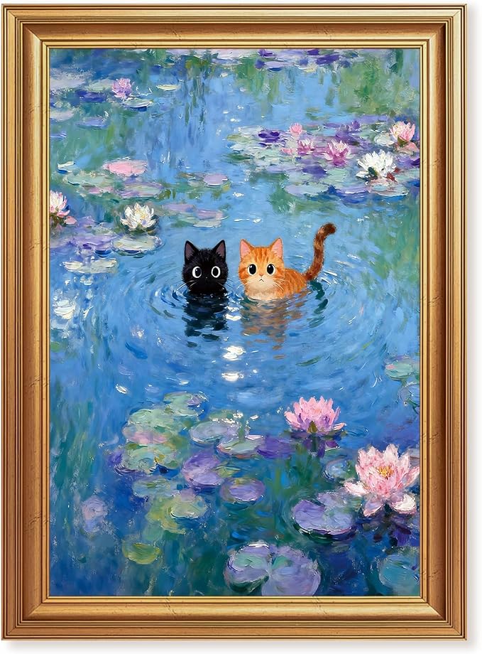 ICHZUMW Gold Framed Funny Cats Monet Water Lilies Canvas Wall Art, 16x24 In | Quirky Black and Orange Cats, Humorous Bathroom Wall Decor, Bedroom Restroom Powder Room, Fade Resistant, Ready to Hang