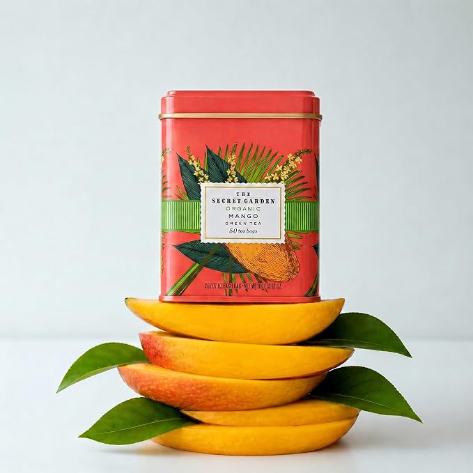 Life Plus Style Gourmet Secret Garden Organic Mango Green Tea Naturally Caffeinated Sugar-Free Non-GMO USDA Certified Premium Tea Tropical Fruit 50 Tea Bags Gift Tin