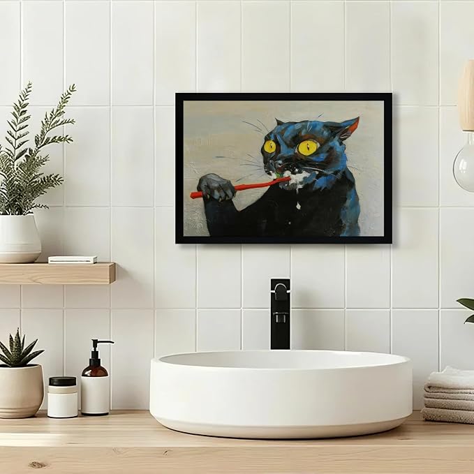 ICHZUMW Framed Funny Black Cat Bathroom Decor Canvas Wall Art, 16x24 Inches | Quirky Black Cat Brushing Teeth Painting, Humorous Bathroom Wall Decor, Restroom Powder Room, Fade Resistant, Ready to Hang