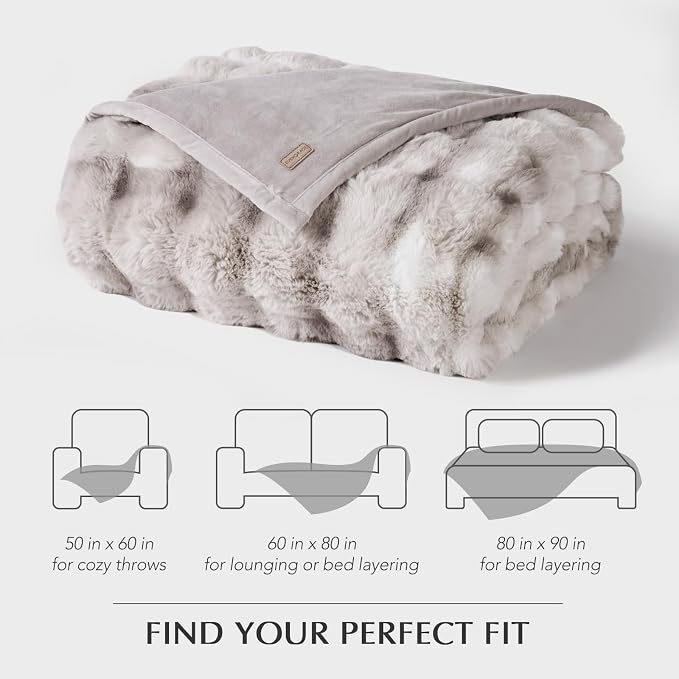 Faux Rabbit Fur Bubble Throw Blanket, 50"x60", Light Grey | Ultra Soft, Luxury Faux Rabbit Fur Throw, Thick Warm Bubble Blanket, Cozy Fluffy Reversible, for Bed, Couch, Chair, Sofa
