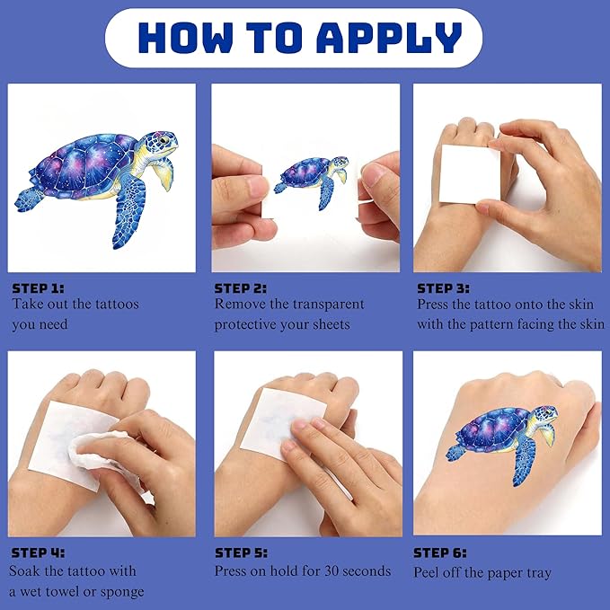 96 PCS Ocean Animals Pre–Cut Temporary Tattoos for Kids, Underwater Sea Creature Tattoos for Birthday Party Supplies Under The Sea Turtle Tattoo Stickers for Kids Boys Girls Party Bag Filler
