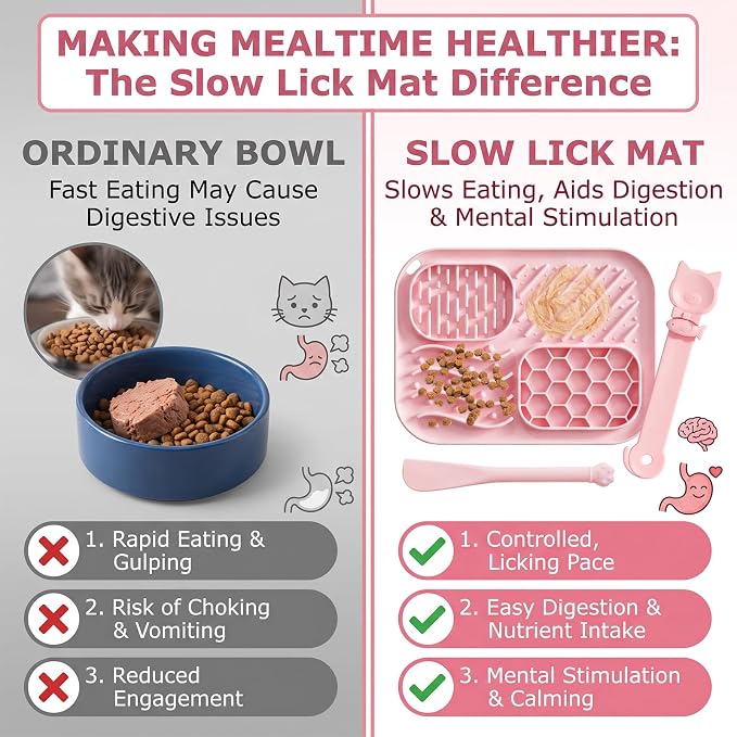3 Piece Cat Slow Feeder Bowl Set, Silicone Lick Mat,Treat Dispenser with Long Handle Spoon, Non Slip Spill Proof for Indoor & Travel (Pink)