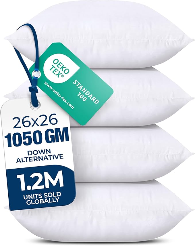 Utopia Bedding Throw Pillows, Decorative 26x26 Pillow Inserts, Set of 4 | Down alternative pillow insert with plush fluffy fill for beds sofas couches and chairs. Suitable for indoor outdoor use.