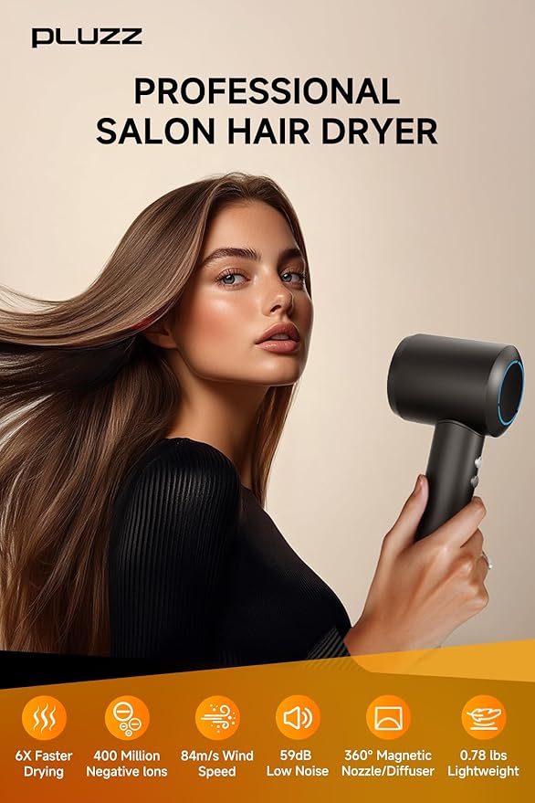 PLUZZ Professional Hair Dryer with Diffuser for Curly Hair, 400M Negative Ionic Blow Dryer for Fast Drying, 120,000 RPM High-Speed Brushless Motor, Low Noise Lightweight, Travel-Friendly (Black)