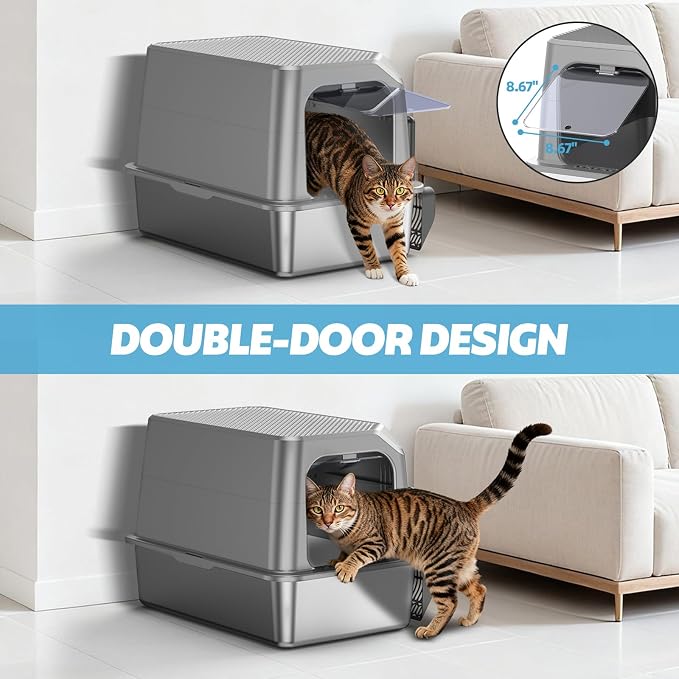 XL Stainless Steel Litter Box with Lid, Enclosed Cat Litter Box,Front Entry | XL for Big Cats, High Sides Enclosed Design, Anti-Urine Leakage, Non-Stick Odor-Free, Easy Clean, Reduce Litter Tracking