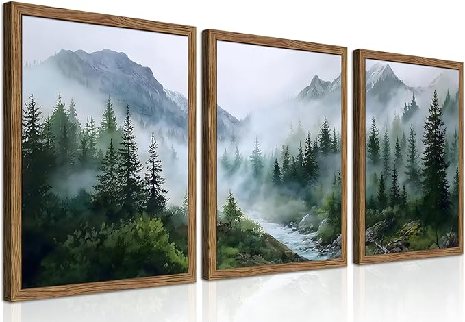Framed Forest Wall Art Set of 3, Misty Mountain Landscape Canvas Wall Decor Paintings, Nature Tree River Scenery Artwork Prints Pictures for Living Room Bedroom Office 16x24 Inch