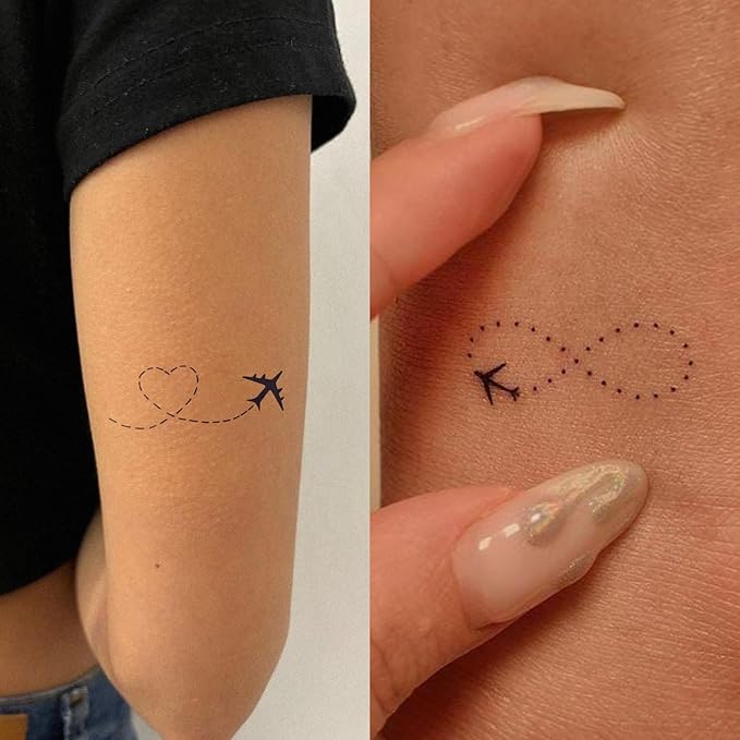 2 Sheets Long Lasting Feather Temporary Fake Tattoos For Women Arm Hand Neck,Airplane heart Semi Permanent Tattoo For Adults Girl,Realistic, Waterproof and Non-Reflective,Minimalist Design