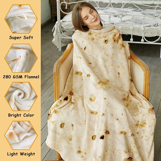 SeaRoomy 80 inches Burrito Tortilla Blanket, Funny Food Big Throw Blanket | Novelty White Elephant Christmas Birthday Gifts, Gag Gifts for Adult Women Men, Soft Fluffy Flannel, Double Sided