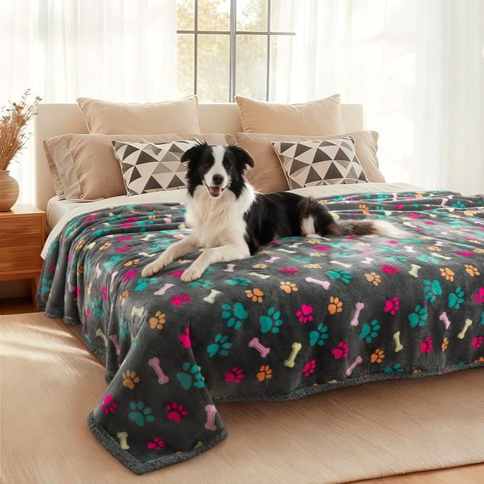 Luciphia Waterproof Dog Blanket Reversible Sherpa Fleece for Large Dogs Cat | Soft Print Pet Blanket Washable Pee Proof, Furniture Protector for Couch Sofa Bed Car, Cozy Throw Queen(90" x 82", Grey Bone)