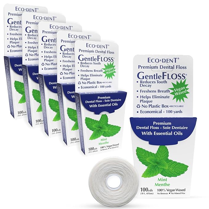 Eco-Dent GentleFloss Dental Floss, Waxed, Mint - Floss with Vegan Plant-Based Wax, Recyclable Cardboard Packaging, 100 Yds Ea (Pack of 6)