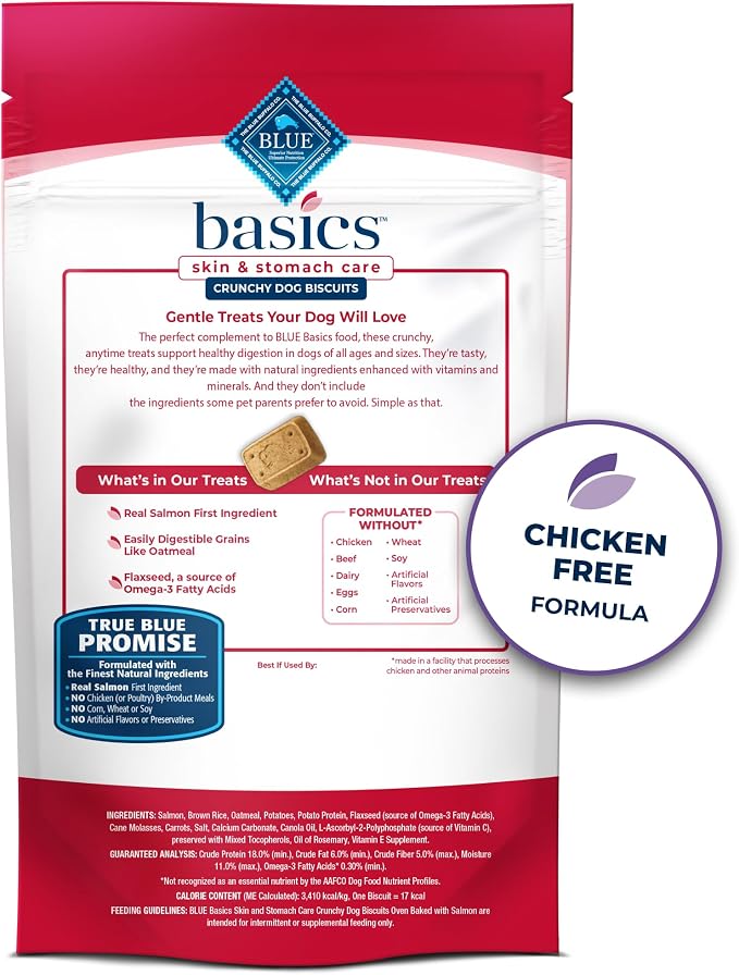 Blue Buffalo Basics Crunchy Dog Biscuits for Skin & Stomach Care, Limited Ingredient Diet Dog Treats, Salmon & Potato Recipe, 6-oz. Bag (Pack of 6)