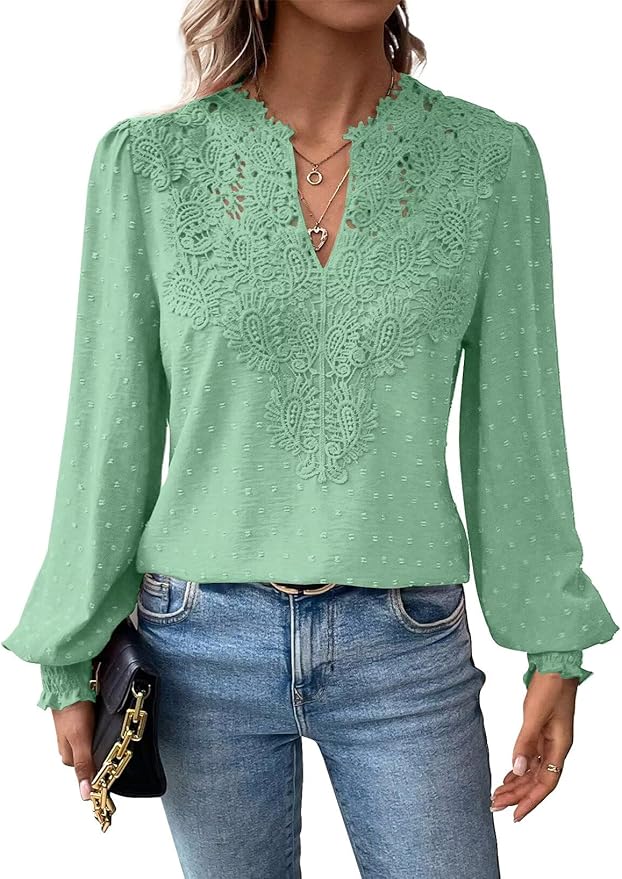 Womens Tops Swiss Dot Boho Long Sleeve Shirts V Neck Casual Chiffon Blouses Flowy Lace Hem Cute Clothing Trendy 2026
