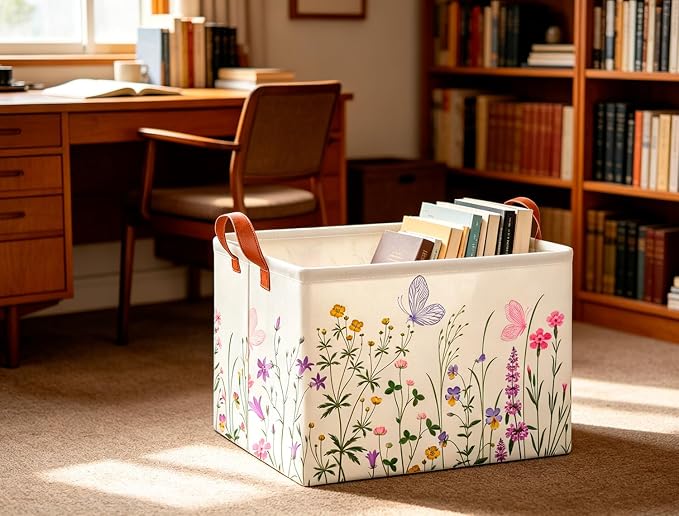 CLOCOR Rectangular Storage Basket Empty,Gift Basket,Waterproof Storage Bin with Handles,Room Decor(Flower)