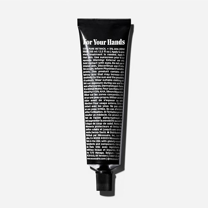 Nécessaire The Hand Retinol. Anti-Age Repair Serum. For Crepiness, Wrinkles, Spots, Brittle Cuticles. 0.25% Pure Retinol. 5% AHA. Dermatologist-Tested. Hypoallergenic. Non-Comedogenic.