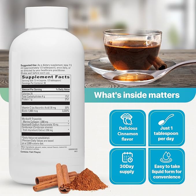 Liquid Collagen for Women and Men - 1000mg Hydrolyzed Peptides with 15% Tripeptides | Fast-Absorbing Anti-Aging Formula for Skin Renewal, Hair Growth and Joint Support | 30-Day Supply Cinnamon Flavor