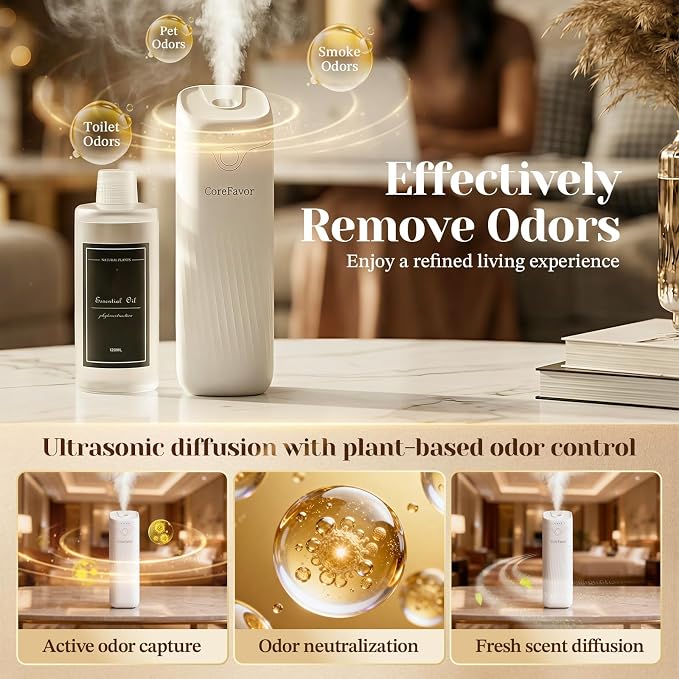 Ultrasonic Aroma Diffuser (M60) with 2x120ml Essential Oil, Portable Battery-Operated Cold Air Aroma Scent Machine, 4 Adjustable Intensity Levels, Quiet Diffuser for Home Bedroom Office Car