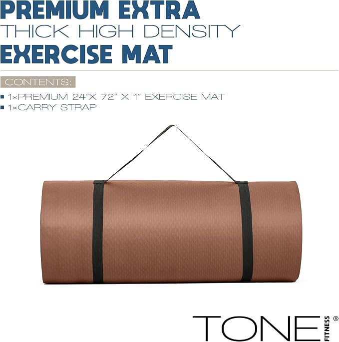 Tone Fitness 1-Inch Thick Yoga Mat | High-Density, Non-slip Exercise Mat with Carrying Strap for Yoga, Pilates, & Home Gym Workouts | Multiple Options