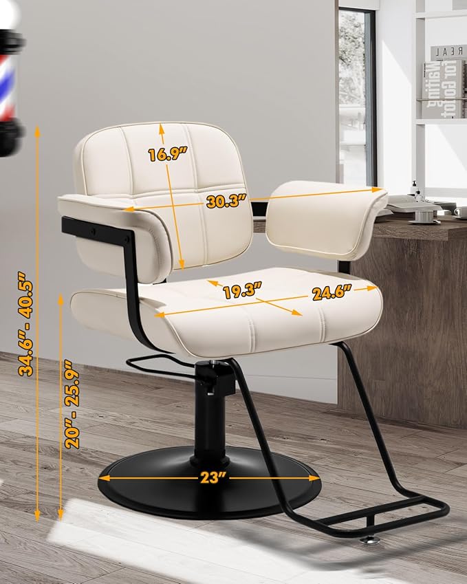 Barber Salon Chair, Extra Wide Hair Styling Chair with Heavy Duty Hydraulic Pump, 360° Swivel Height Adjustable Braiding Design, Luxury Beauty Salon and Barbershop Equipment, Ivory