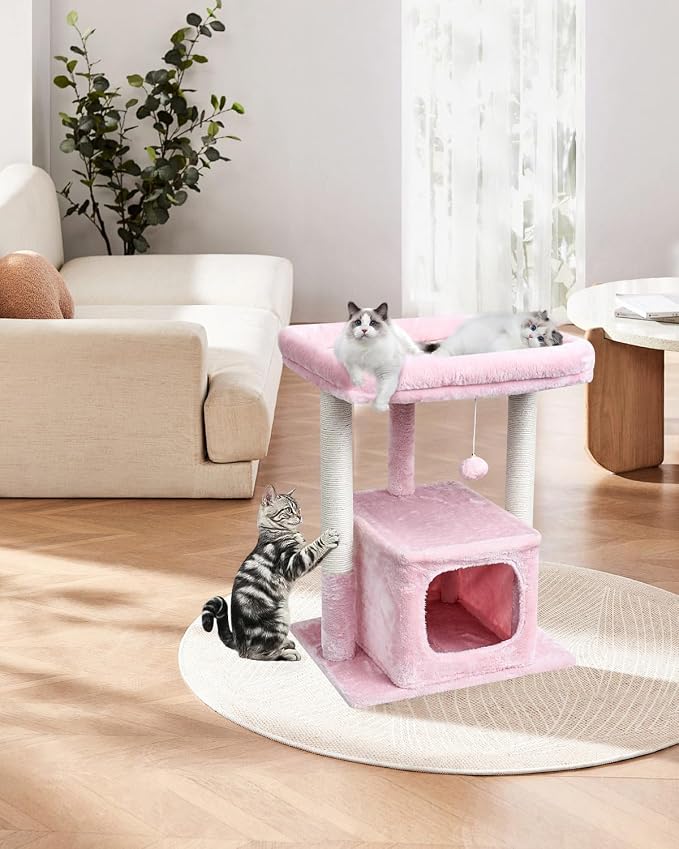 SYANDLVY Pink Cat Tree for Indoor Cats Large Adult, 27" Activity Tower | Scratching Posts, Modern House with Padded Perch, Kittens Condo, Cat Cave, Pink