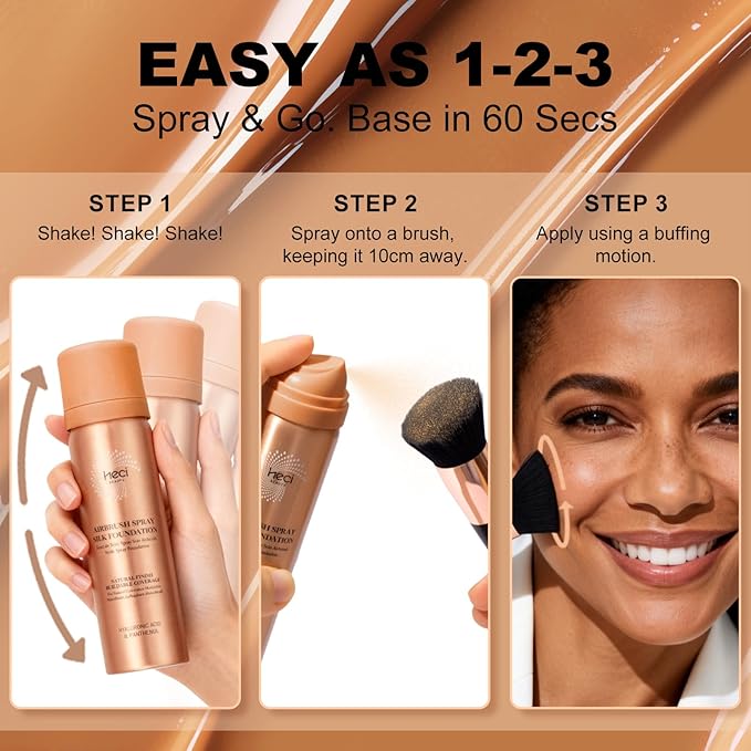 Magic Minerals AirBrush Foundation with Nanoscale Powder - HECI BEAUTY Flawless Finish Makeup,Silk Airbrush Spray & Kabuki Brush - Anti-Aging Ingredients for Smooth Radiant Skin,210 Tan,1.69 Fl Oz
