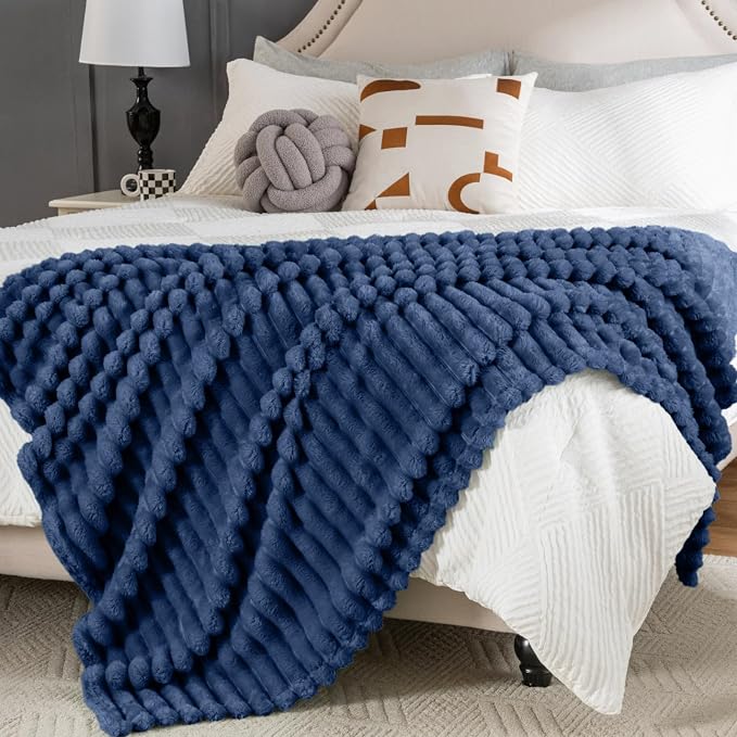 Wider Striped 380gsm Navy Throw Blanket for Couch Super Soft Cozy Blankets for Women Fuzzy Fleece White Blanket for Bed Sofa 50x60