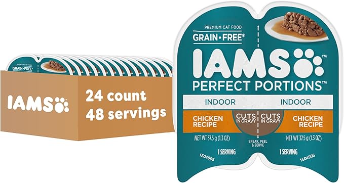 IAMS Perfect Portions Indoor Cuts in Gravy Wet Cat Food, Chicken, 24 Count | Made in USA, Snap, peel & serve, Vitamin E, prebiotic for digestion, no artificial flavors, 2.6 oz. twin-pack trays