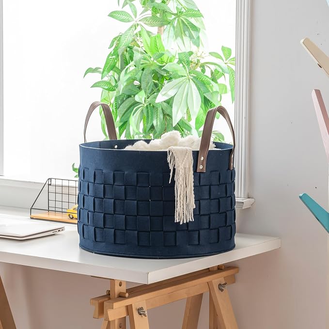 Laundry Basket 20" x20 " x11.8 ",Extra Large Round Blanket Basket with Leather Handle, Felt Storage Basket for Living Room, Nursery, Dog Toys-Navy Blue