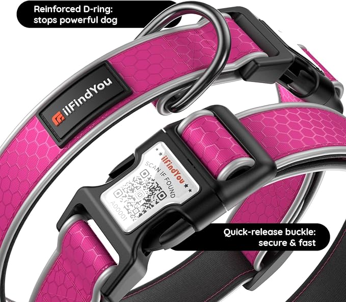 Personalized Dog Collar with QR Code Dog Tag, Oxford Rose Red L | Anti-lost, Oxford, reflective, padded, XS-L(8"-24"), QR buckle shares lost pet profile, location alerts when scanned, No Fees