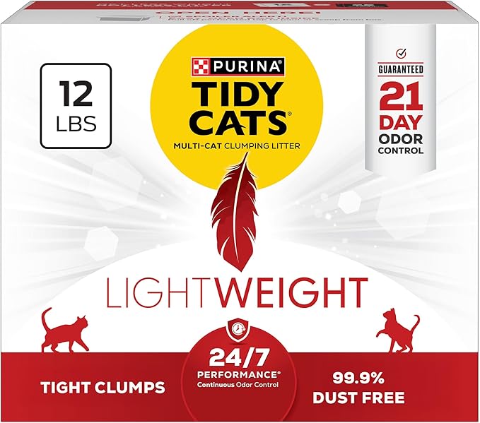 Purina Tidy Cats Lightweight Cat Litter, Low Dust, Clumping, Odor Control 24/7 Performance Multi Cat Litter, Clean Linen Scent, 12 lbs