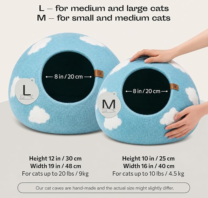 Cat Cave - Merino Wool Bed for Indoor Cats (Cloud Nap Blue, Medium) | Cat Bed Enclosure, Premium Felt, Handmade, Super Soft, Lightweight, Breathable, Adjustable Shape