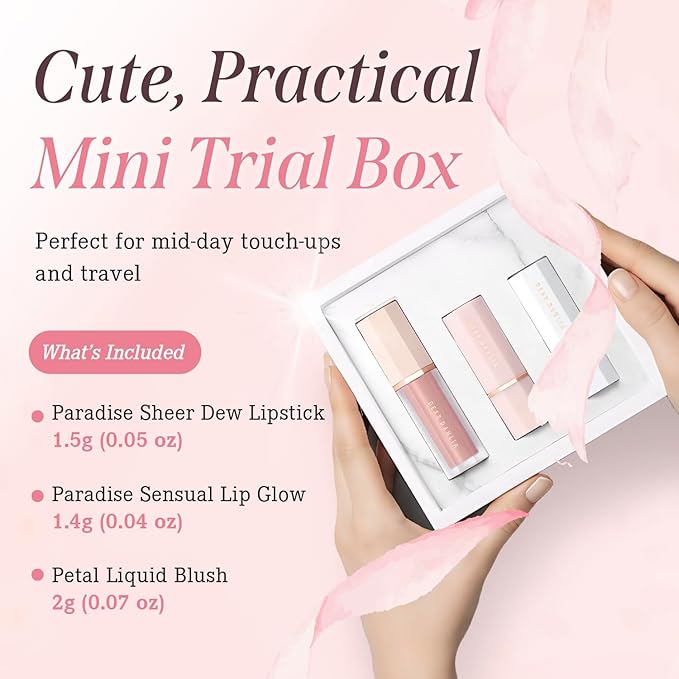 DEAR DAHLIA Vegan Makeup Mini Trial Kit | Petal Drop Liquid Blush Mini & Paradise Sensual Lip & Paradise Sheer Dew Lipstick - Weightless Buildable Blush | Natural Glow Lipsticks.