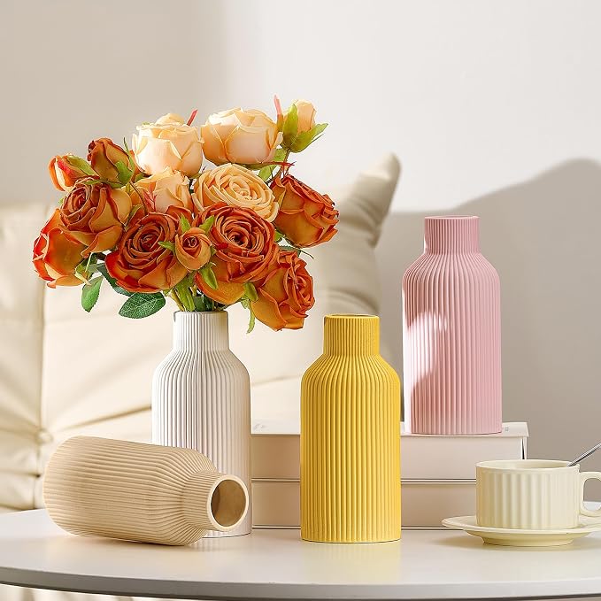 Mfacoy Ceramic Flower Vase, Minimalist Decor, Modern Home Decorative Vase, Small Pampas Grass Vases for Kitchen Bedroom Office Living Room Bathroom Shelf Centerpiece Table Decorations (Yellow)