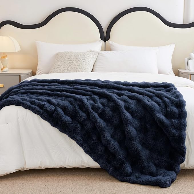Faux Rabbit Fur Throw Blanket for Couch, Navy Blue Throw Blankets 50"x60" | Cozy Reversible Fluffy Throw, Luxury Plush Thick Bubble Blanket, Mothers Gifts for Women, Soft Warm for Bed, Home Decor