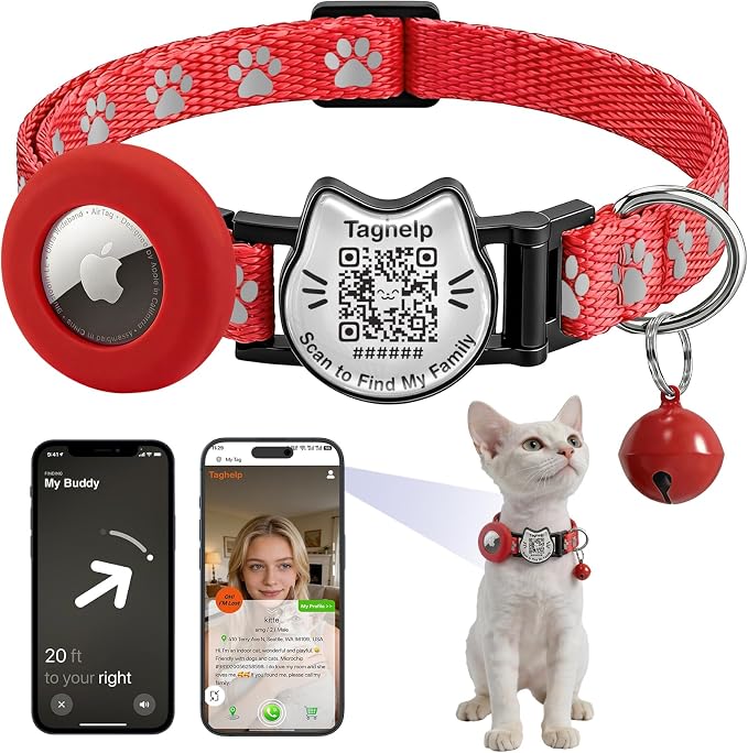 Cat Collar with AirTag Holder, QR Code Tag and Bell (Red, Paw Pattern)